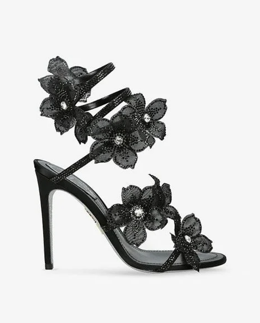 Morgan Floral Rhinestone Wrap Strap Stiletto Sandals - Black