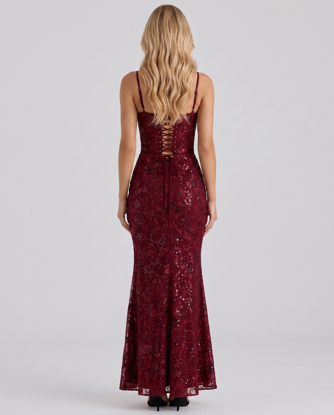 Naima Floral Lace Corset Maxi Dress - Burgundy