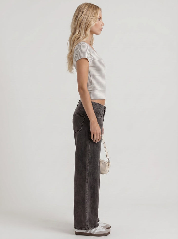 Nora Low Rise Wide Leg Denim Jeans - Black Washed