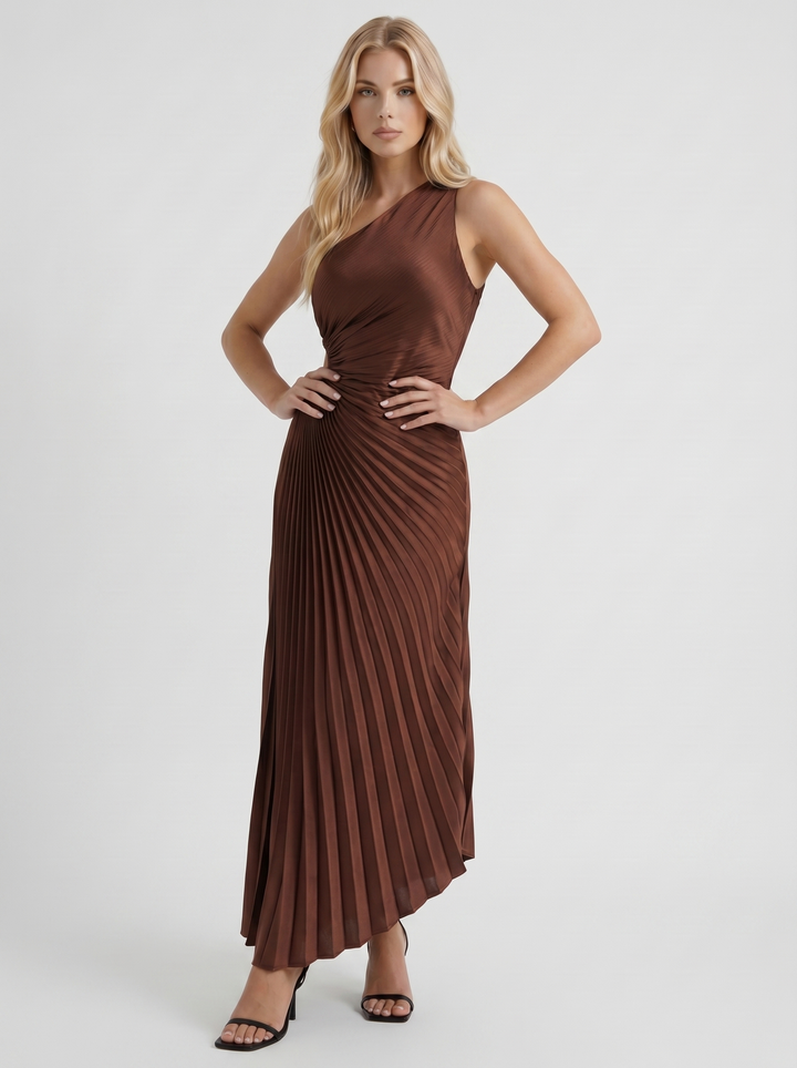 Opaline One Shoulder Sunray Pleated Maxi Dress - Chocolate