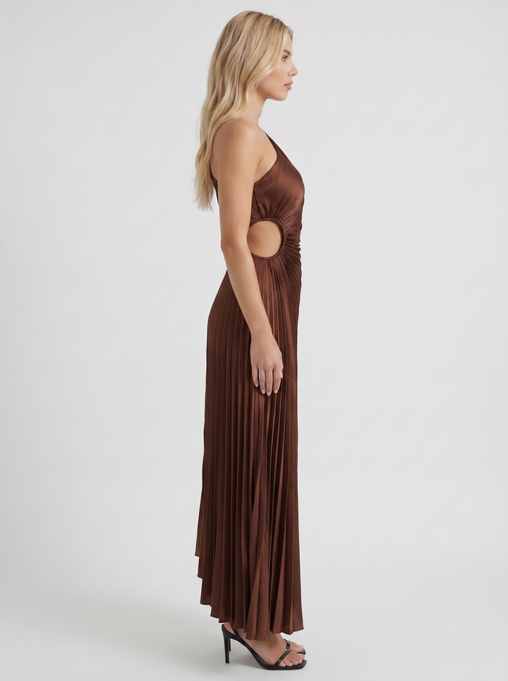 Opaline One Shoulder Sunray Pleated Maxi Dress - Chocolate