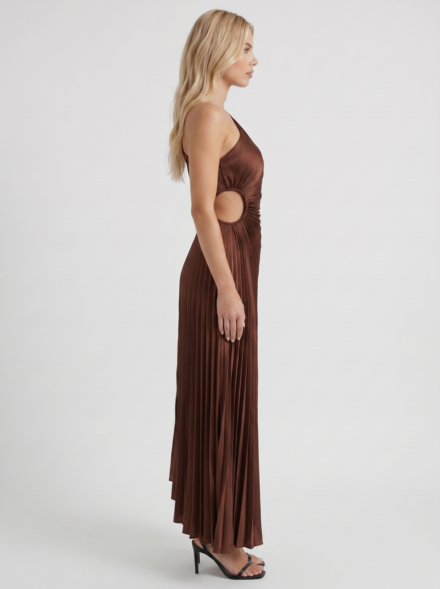Opaline One Shoulder Sunray Pleated Maxi Dress - Chocolate