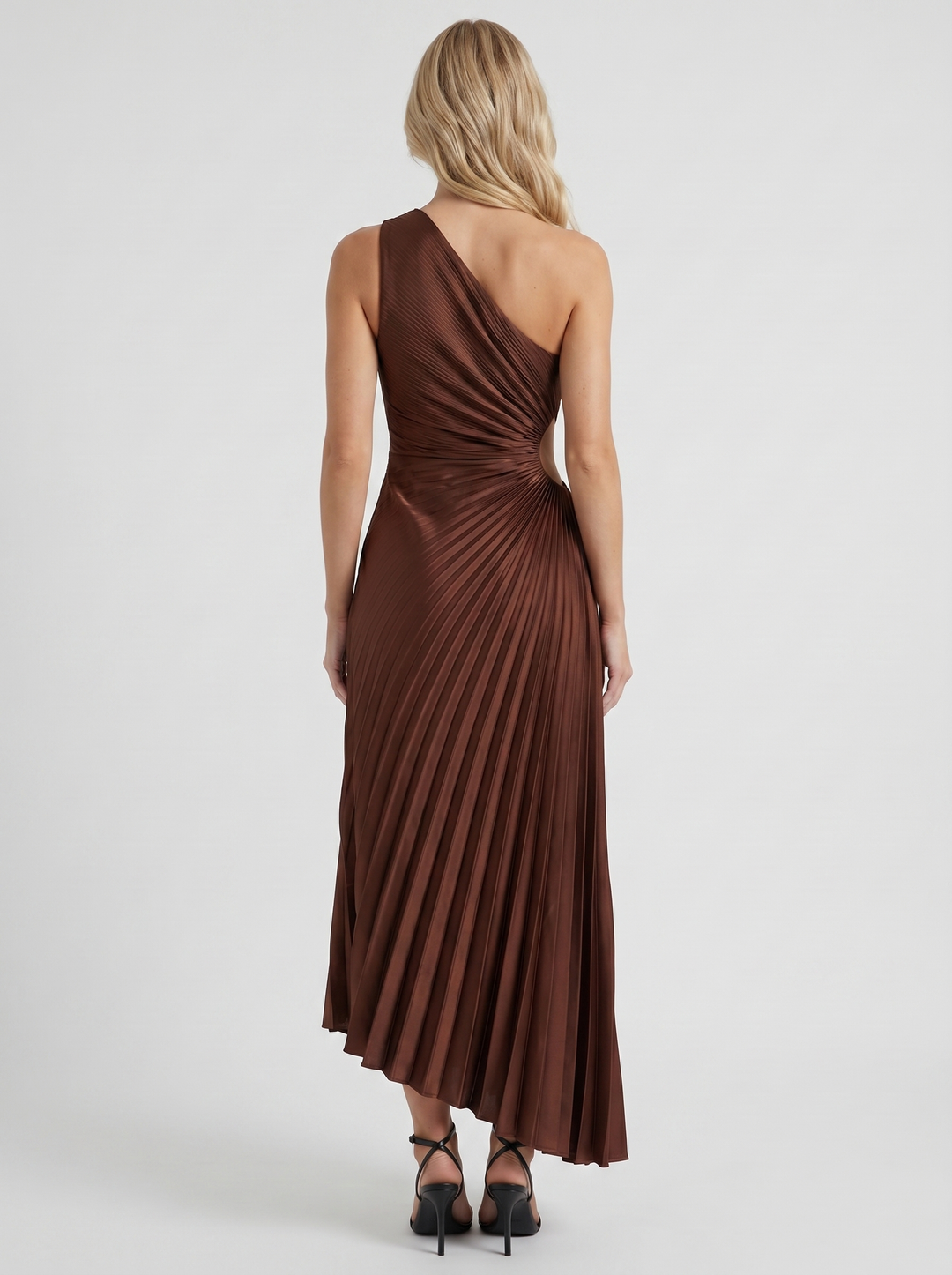 Opaline One Shoulder Sunray Pleated Maxi Dress - Chocolate