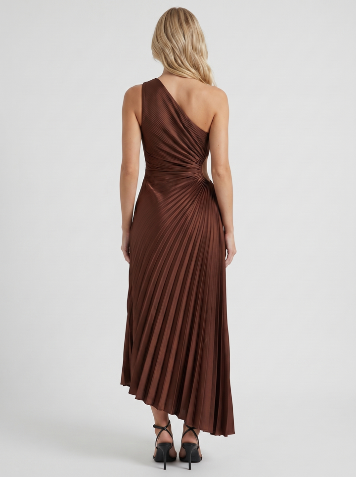 Opaline One Shoulder Sunray Pleated Maxi Dress - Chocolate