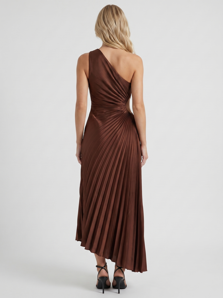 Opaline One Shoulder Sunray Pleated Maxi Dress - Chocolate