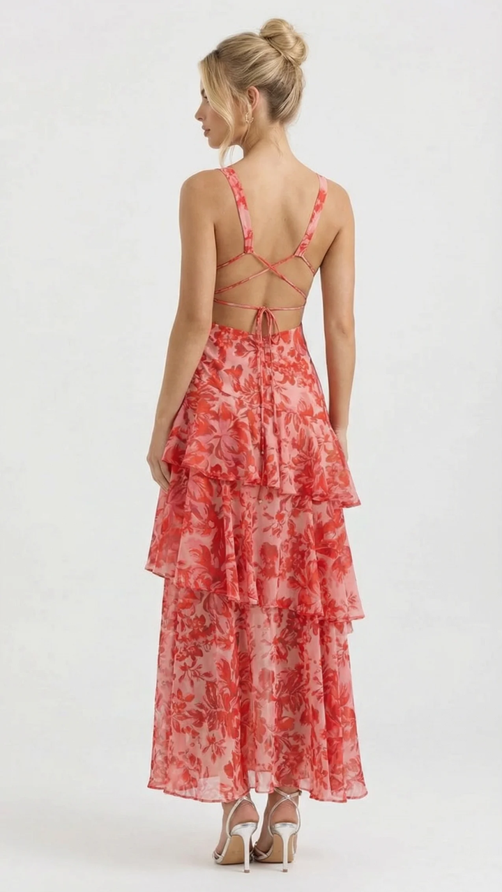 Penelope Ruffle Maxi Dress - Red