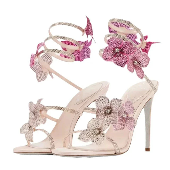 Rebecca Floral Rhinestone Wrap Strap Stiletto Sandals - Baby Pink