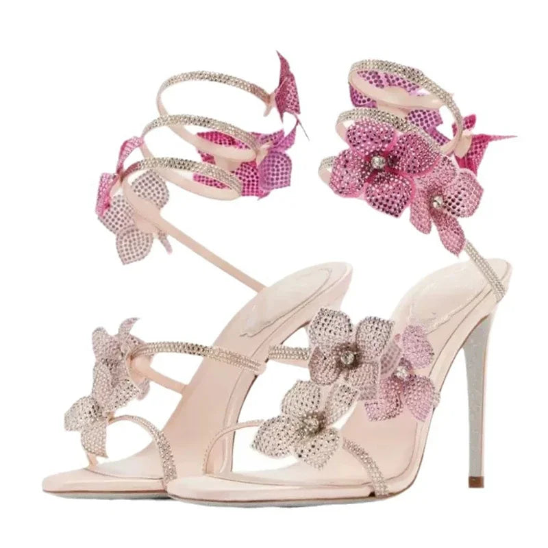 Rebecca Floral Rhinestone Wrap Strap Stiletto Sandals - Baby Pink