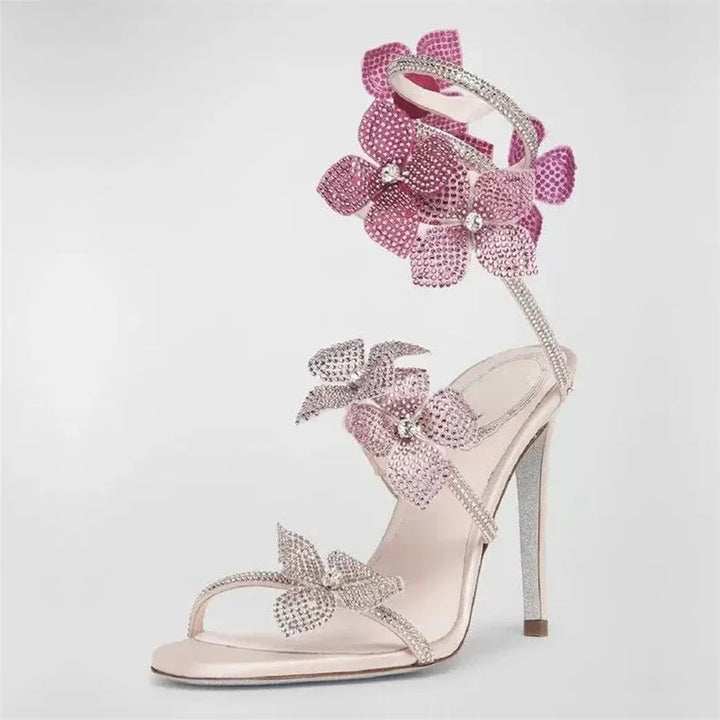Rebecca Floral Rhinestone Wrap Strap Stiletto Sandals - Baby Pink