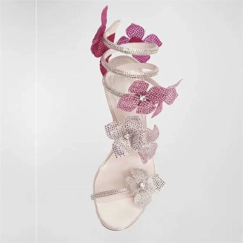 Rebecca Floral Rhinestone Wrap Strap Stiletto Sandals - Baby Pink