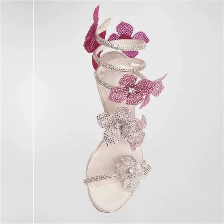 Rebecca Floral Rhinestone Wrap Strap Stiletto Sandals - Baby Pink