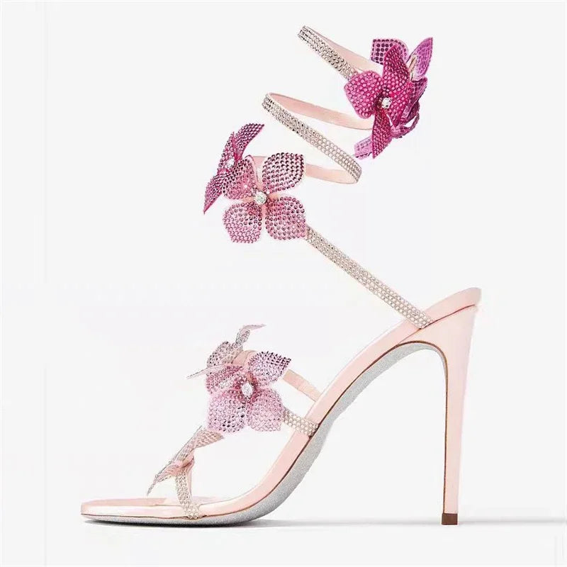 Rebecca Floral Rhinestone Wrap Strap Stiletto Sandals - Baby Pink