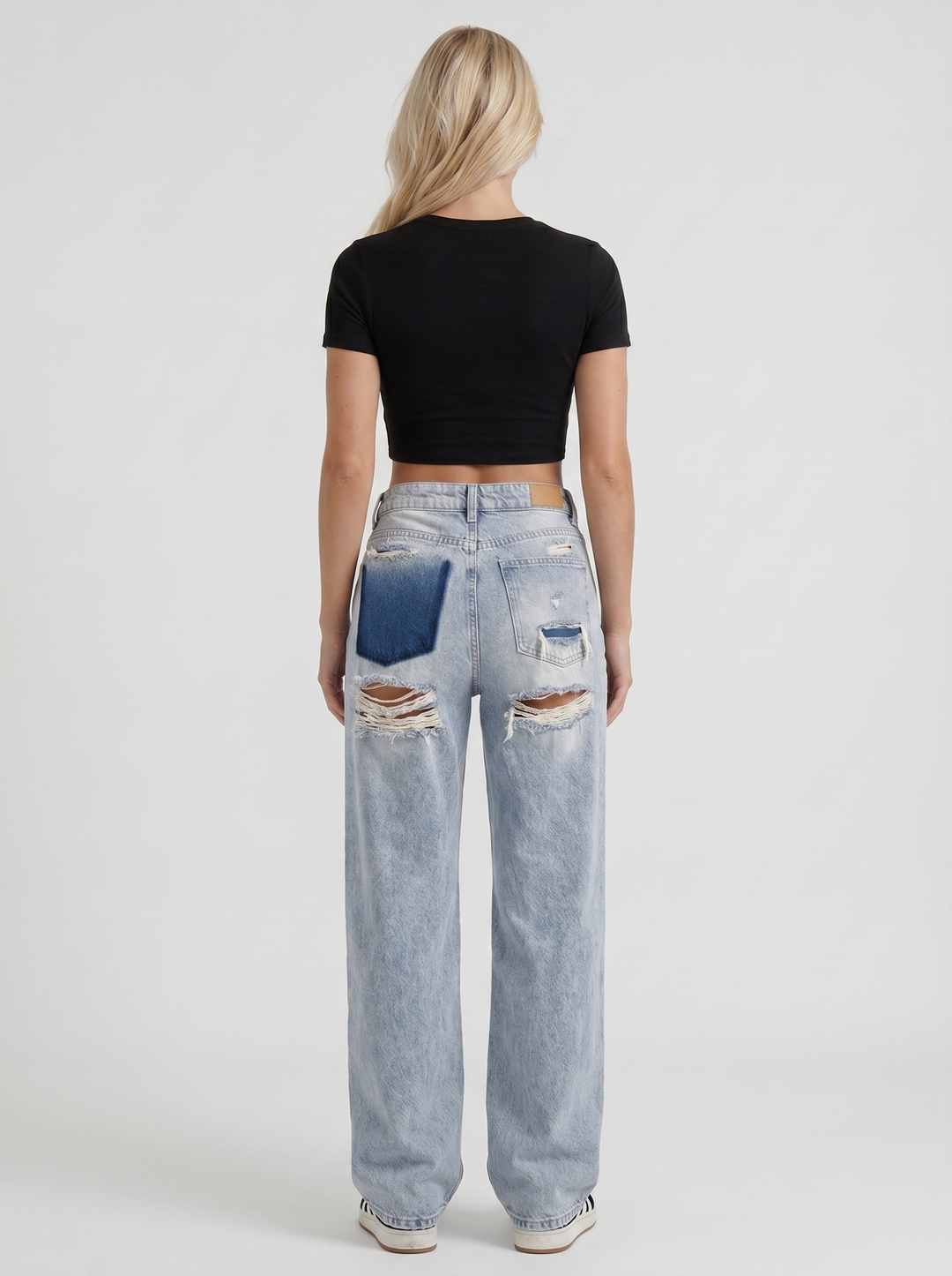 Reese Mid Rise Baggy Distressed Wide Leg Jeans - Light Blue