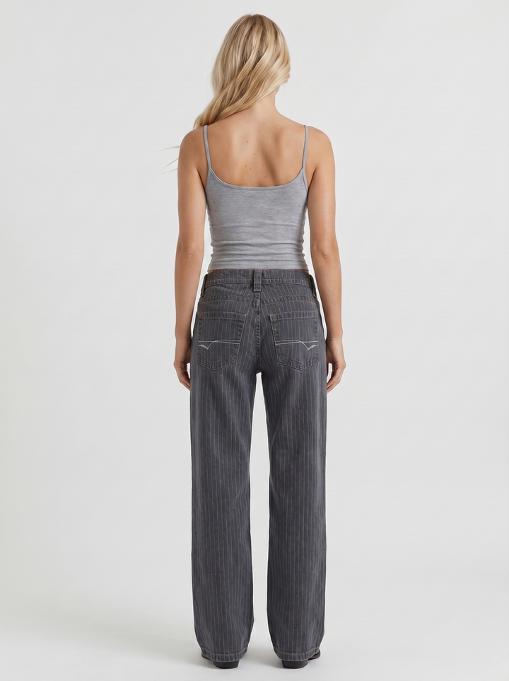 Romy Low Rise Pinstripe Wide Leg Denim Jeans - Charcoal Blue