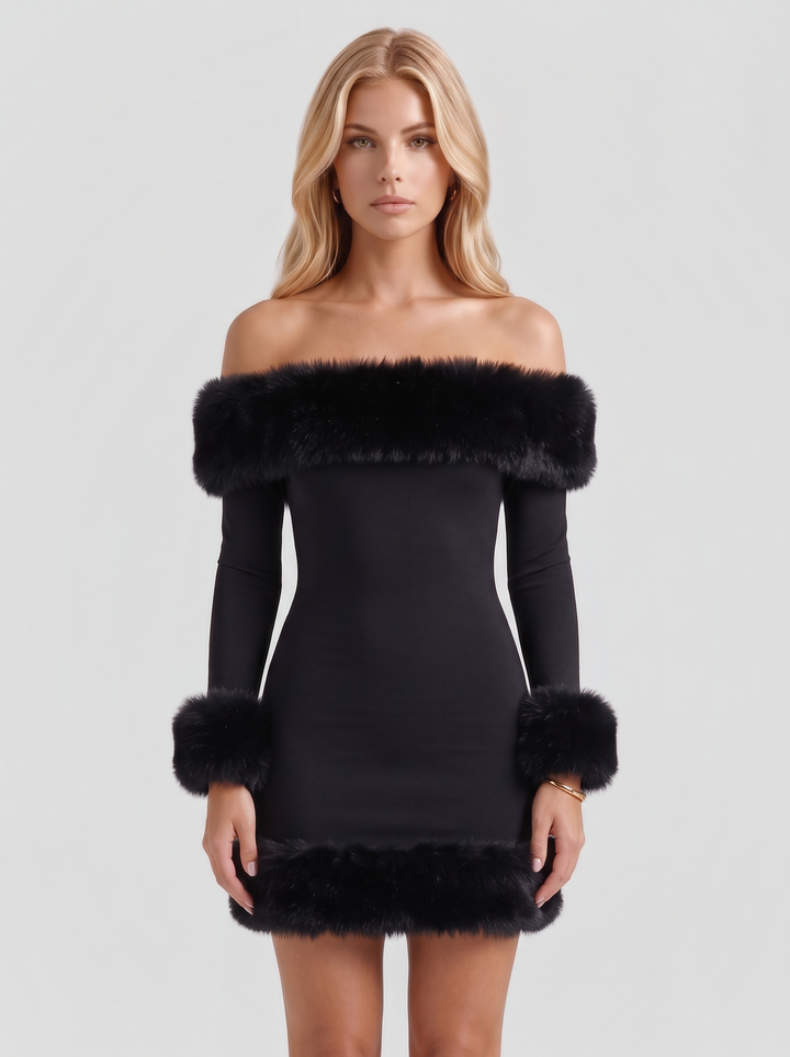 Rosella Fur Mini Dress - Black