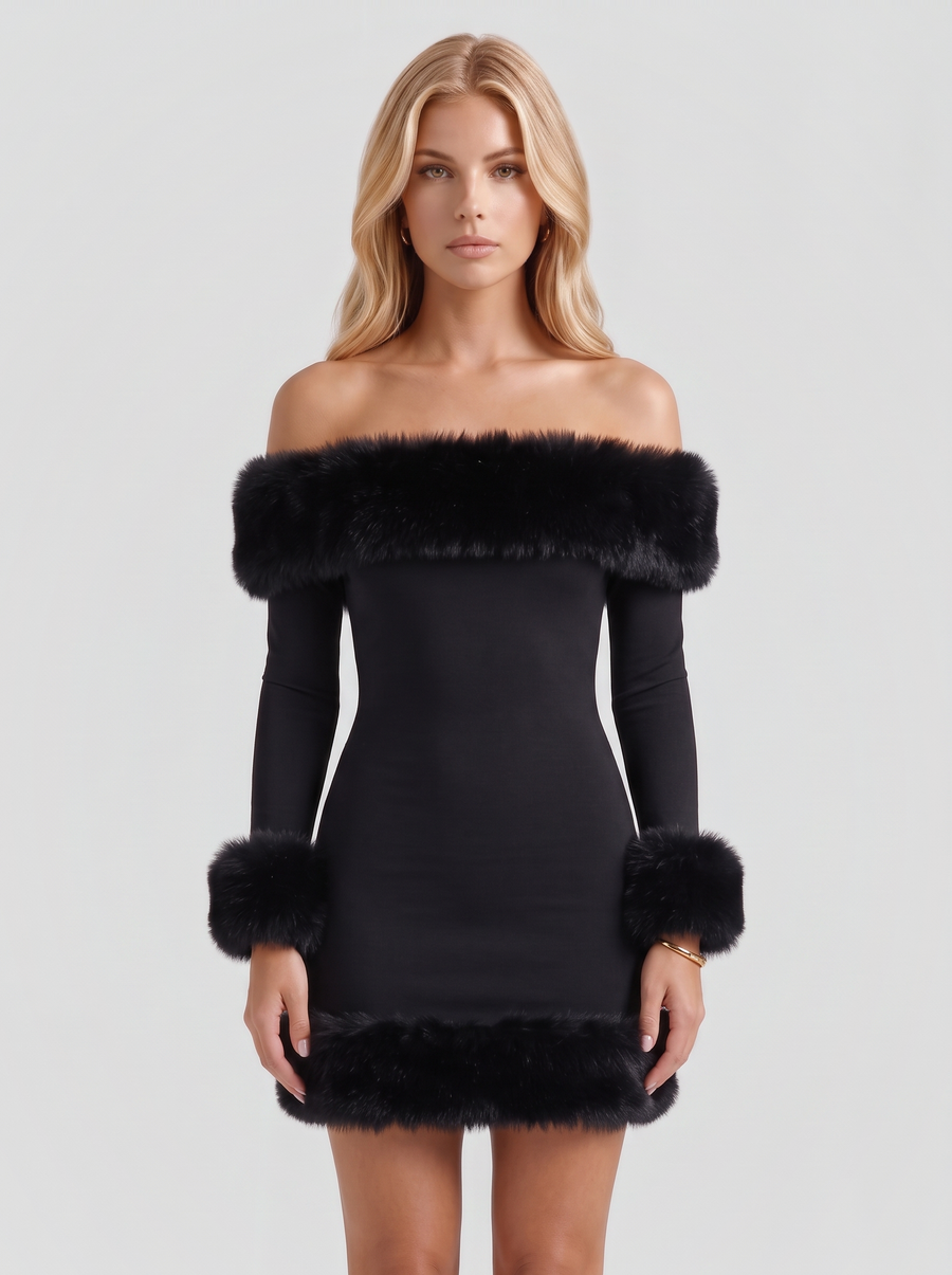 Rosella Fur Mini Dress - Black