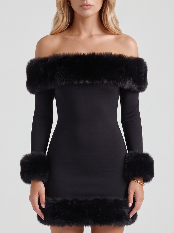 Rosella Fur Mini Dress - Black