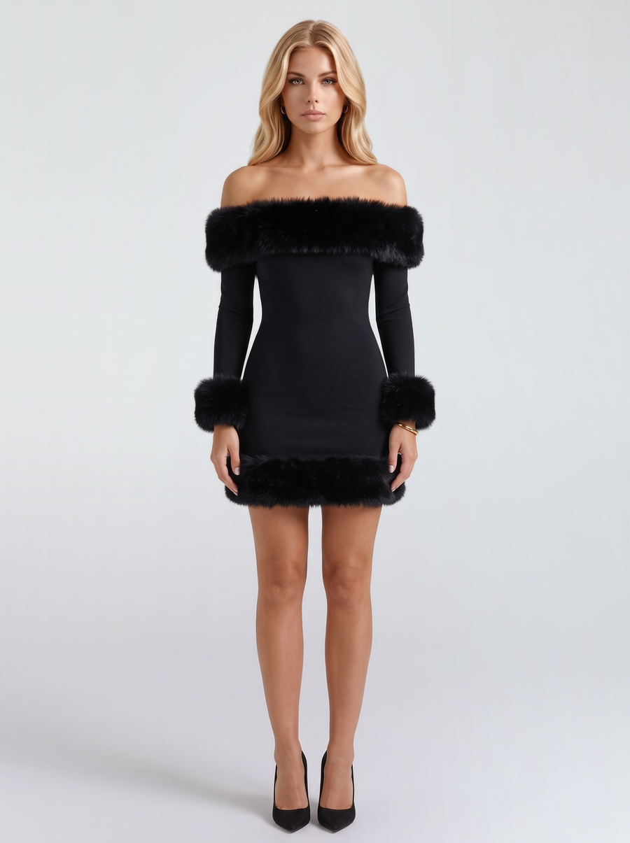 Rosella Fur Mini Dress - Black