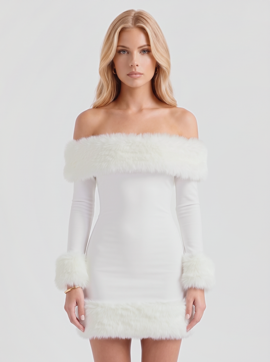 Rosella Fur Mini Dress - White