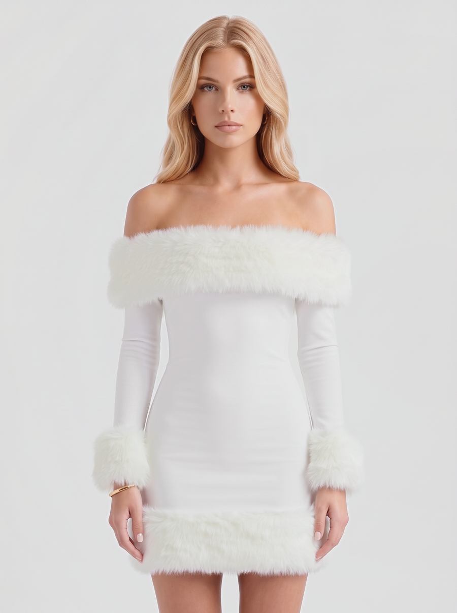Rosella Fur Mini Dress - White