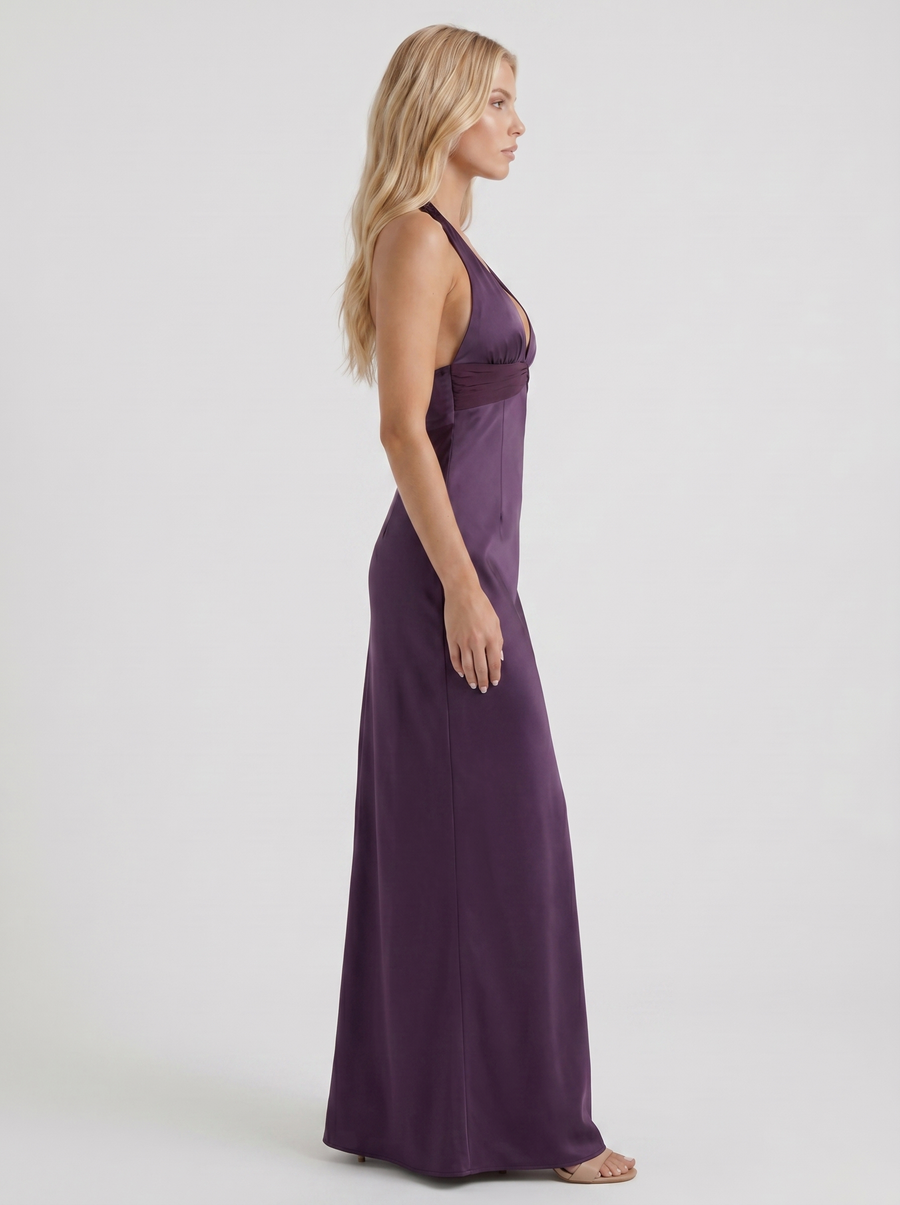 Saskia Halter V Plunge Satin Bodycon Maxi Dress - Purple