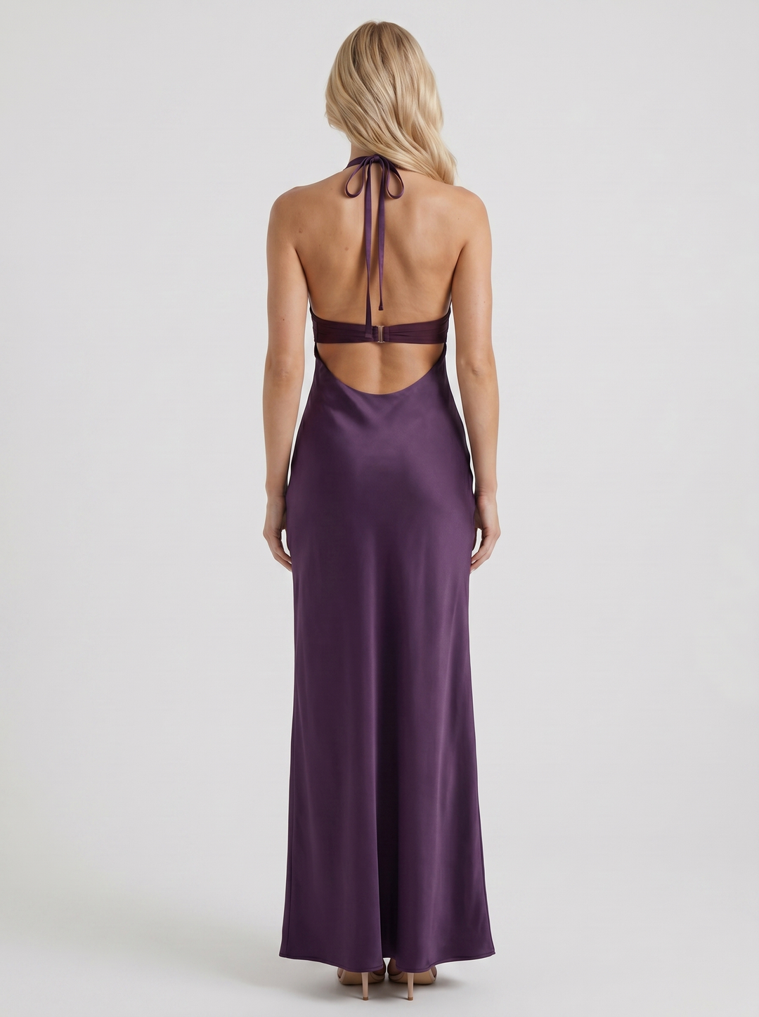 Saskia Halter V Plunge Satin Bodycon Maxi Dress - Purple