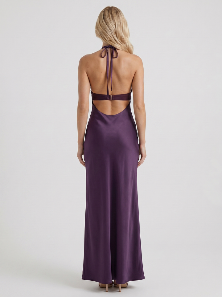 Saskia Halter V Plunge Satin Bodycon Maxi Dress - Purple