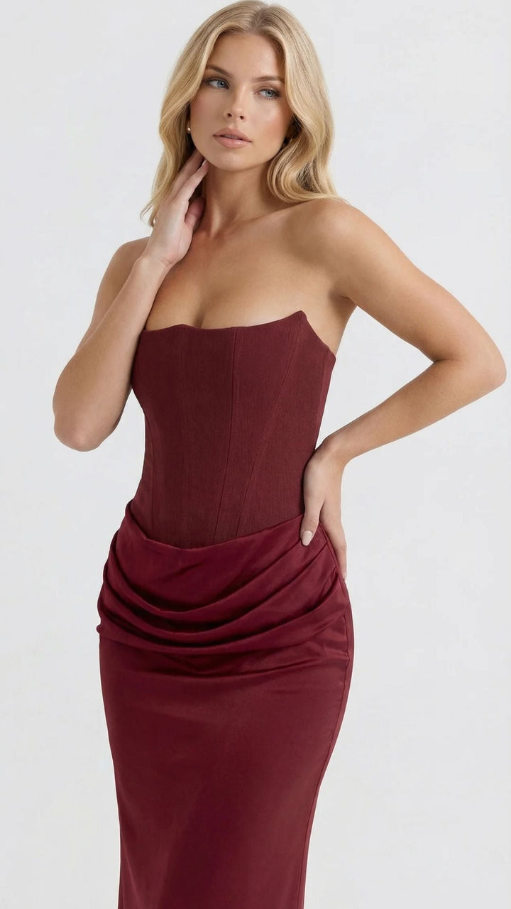 Scarlet Corset Strapless Maxi Dress - Burgundy