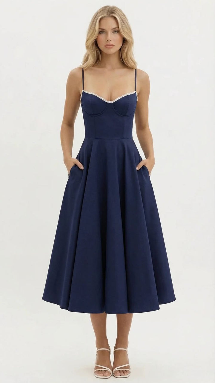 Selene Sweetheart Midi Dress - Navy