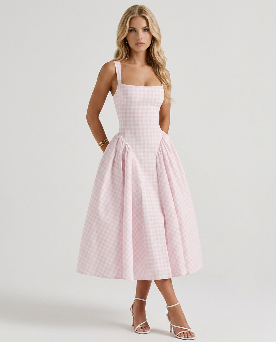 Sherrie Gingham Midi Dress - Blush