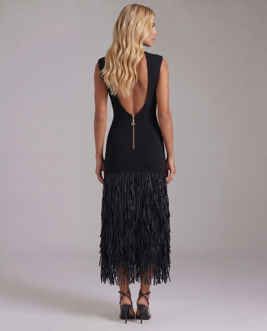 Stella Fringe Midi Dress - Black