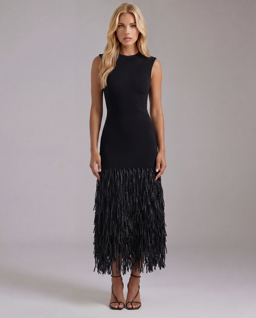 Stella Fringe Midi Dress - Black