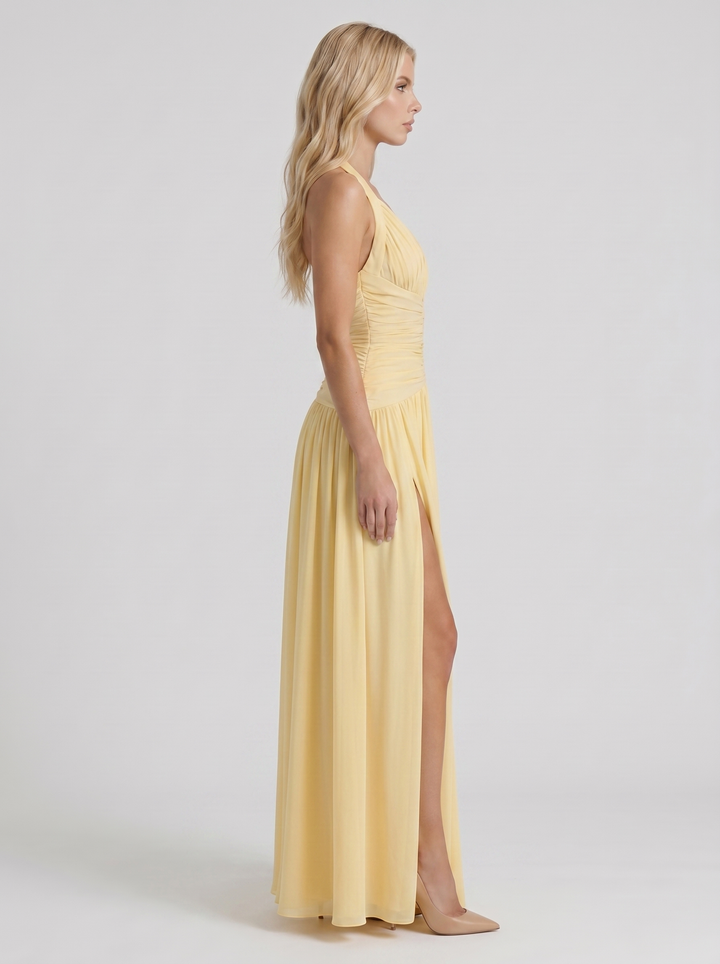 Vera Plunge V Halter Ruched Maxi Dress - Lemon