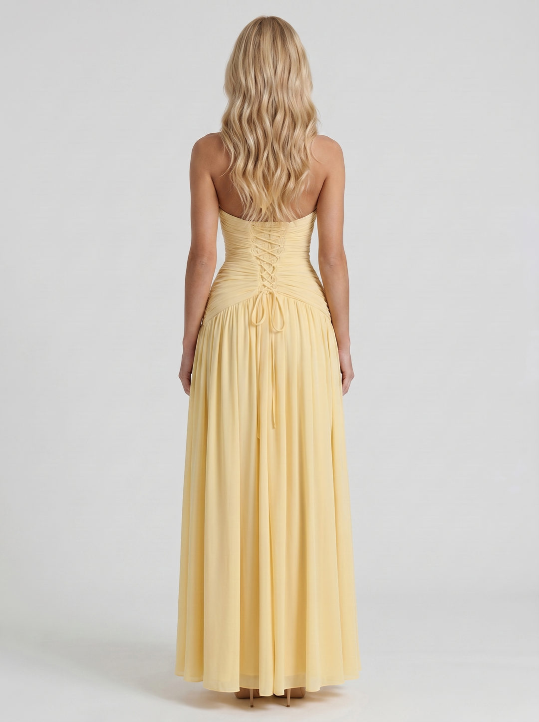 Vera Plunge V Halter Ruched Maxi Dress - Lemon