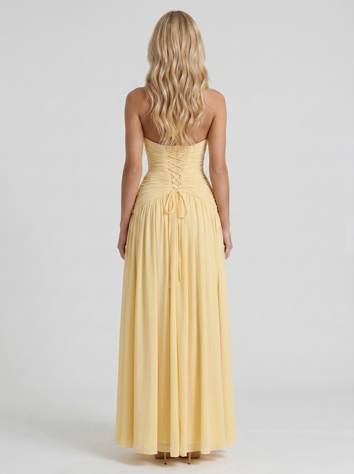 Vera Plunge V Halter Ruched Maxi Dress - Lemon