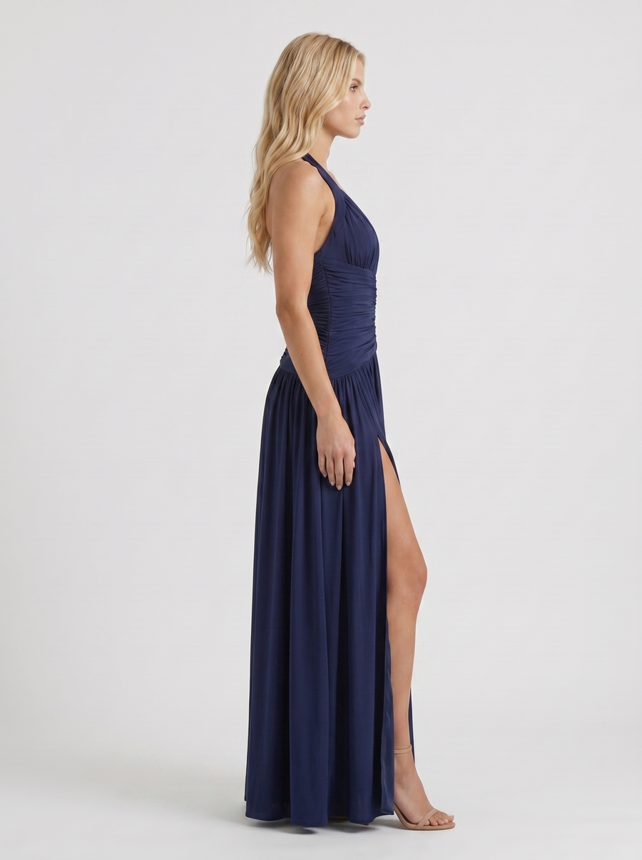 Vera Plunge V Halter Ruched Maxi Dress - Navy