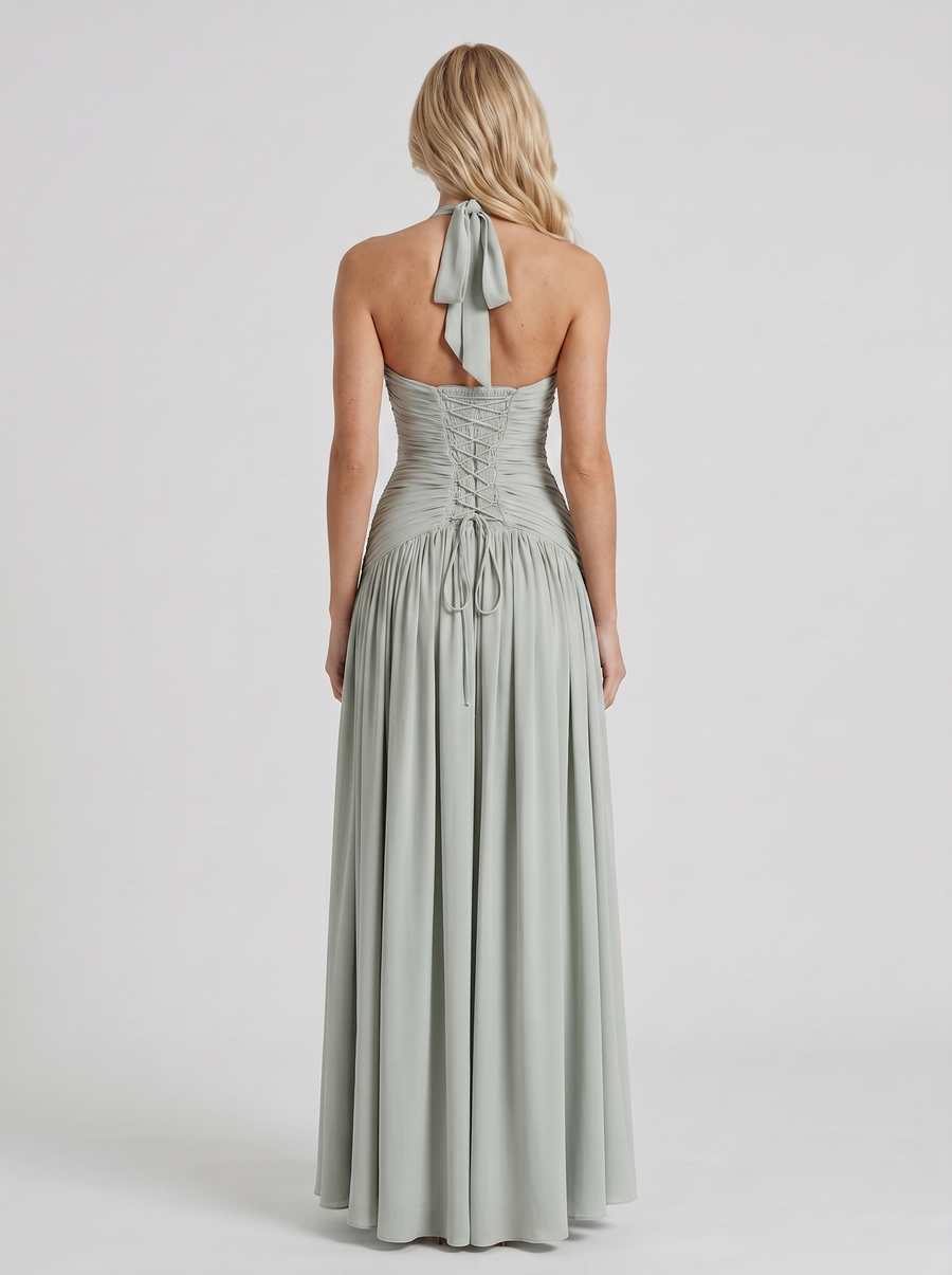 Vera Plunge V Halter Ruched Maxi Dress - Sage
